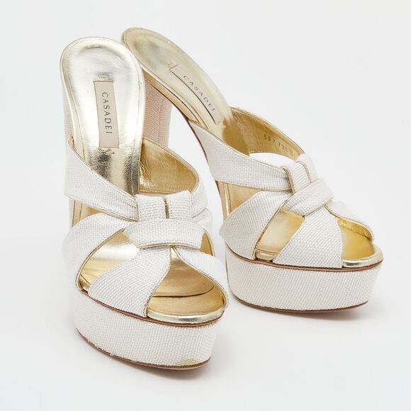 Casadei White/gold Woven Straw And Leather Platform Sandals Size 39 - Picture 4 of 7